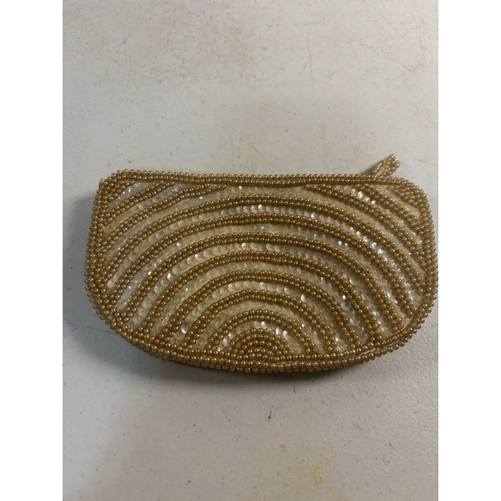 David's Import Clutch Purse Bag Cream Sequin Bead Zip Phone Size‎ Japan Nice Vtg